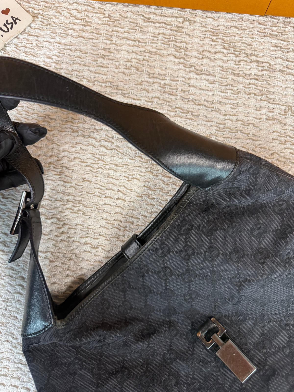 Vintage Jackie-O Black GG Canvas Leather Hobo Bag