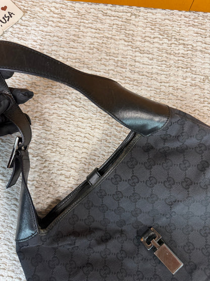 Vintage Jackie-O Black GG Canvas Leather Hobo Bag