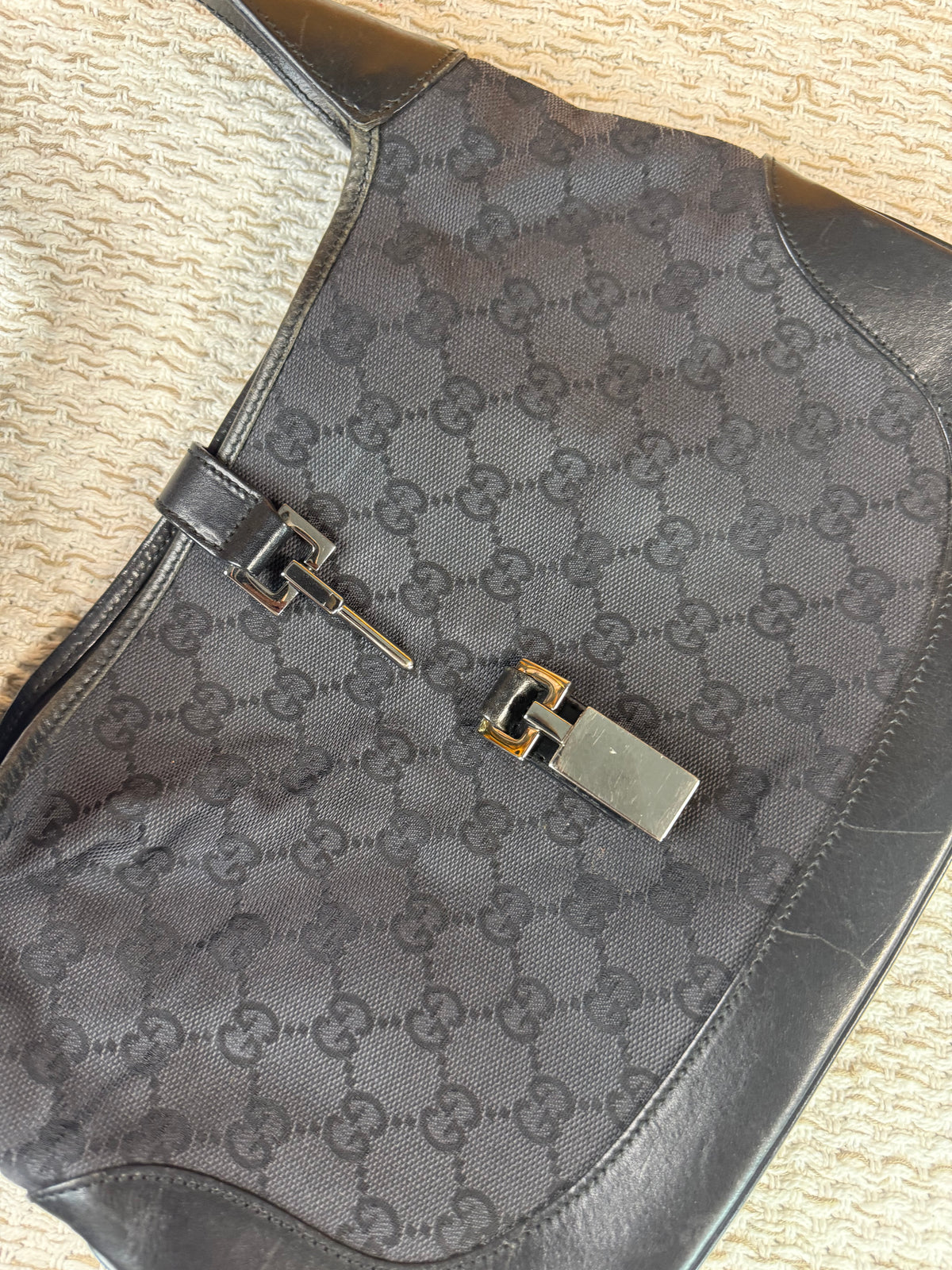 Vintage Jackie-O Black GG Canvas Leather Hobo Bag