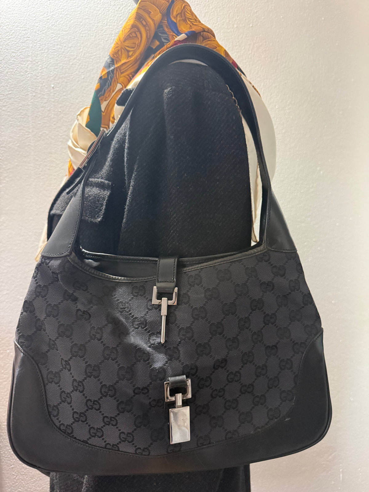 Vintage Jackie-O Black GG Canvas Leather Hobo Bag