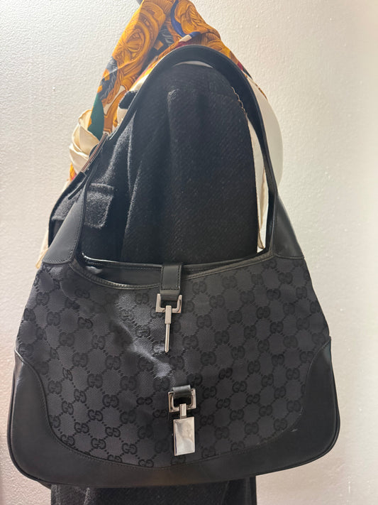 VINTAGE GUCCI JACKIE-O BLACK GG CANVAS LEATHER HOBO BAG