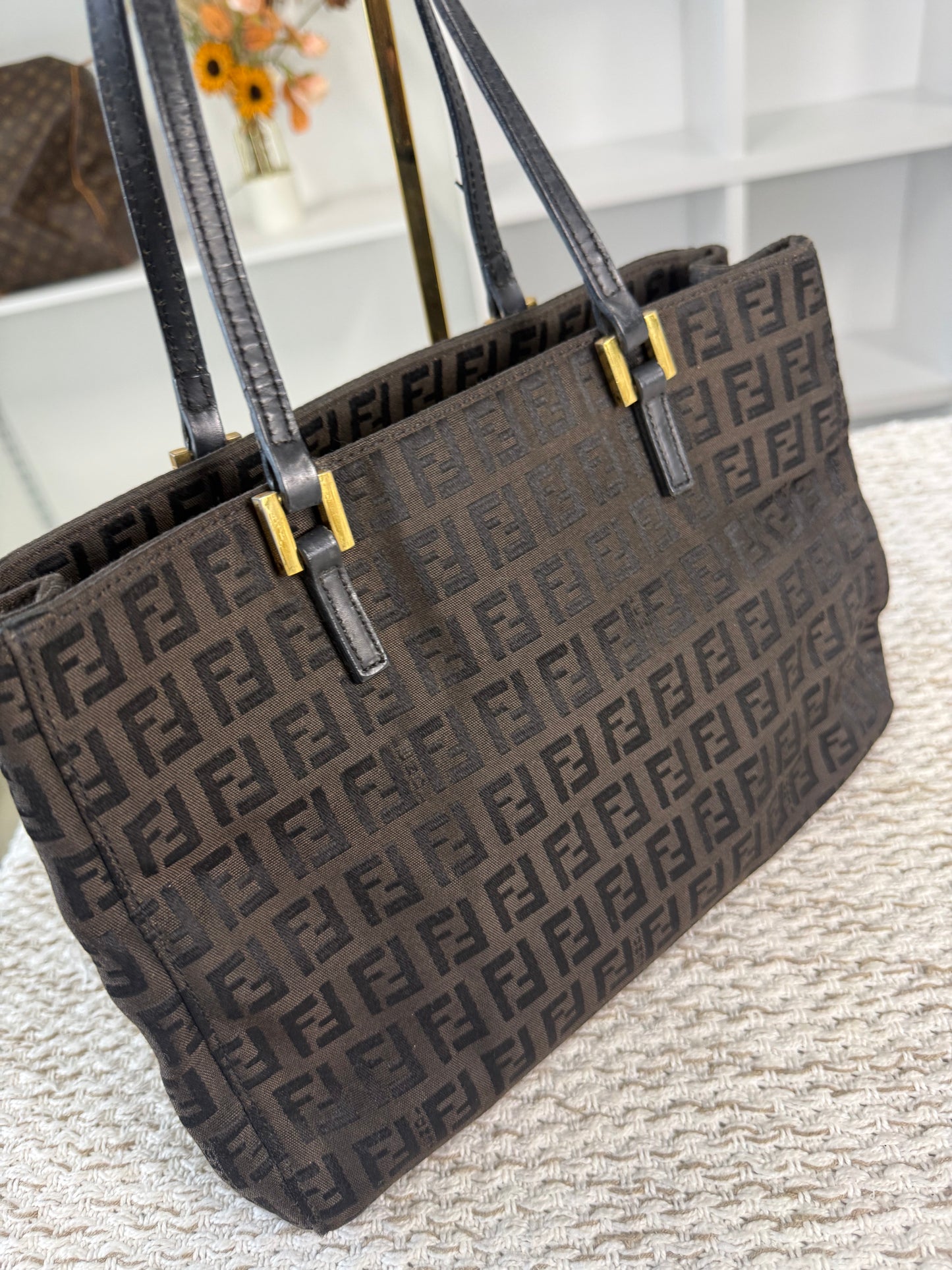 FENDI ZUCCHINO TOTE BAG BROWN FF CANVAS in Monogram