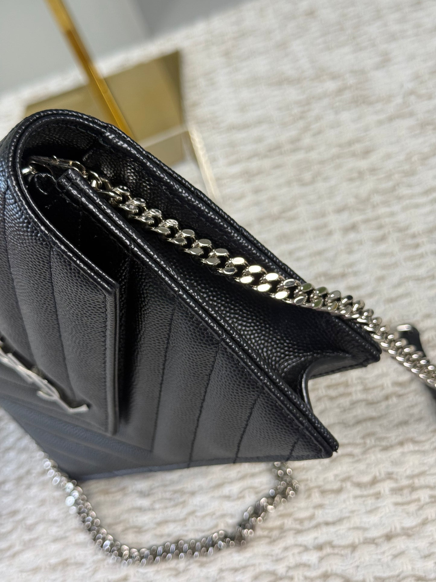 SAINT LAURENT CASSANDRE ENVELOPE WALLET ON CHAIN SILVER-TONED HARDWARE