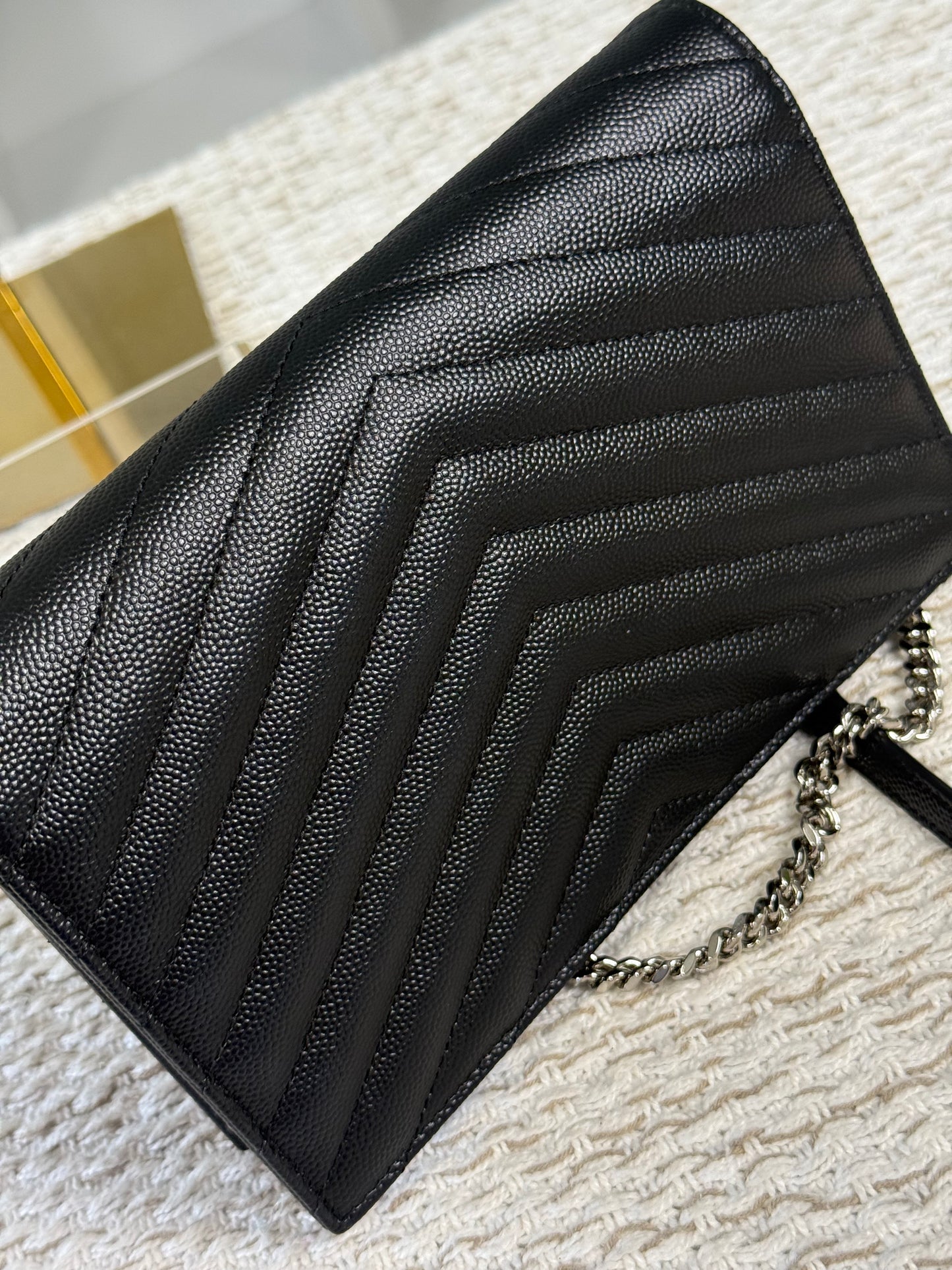 SAINT LAURENT CASSANDRE ENVELOPE WALLET ON CHAIN SILVER-TONED HARDWARE