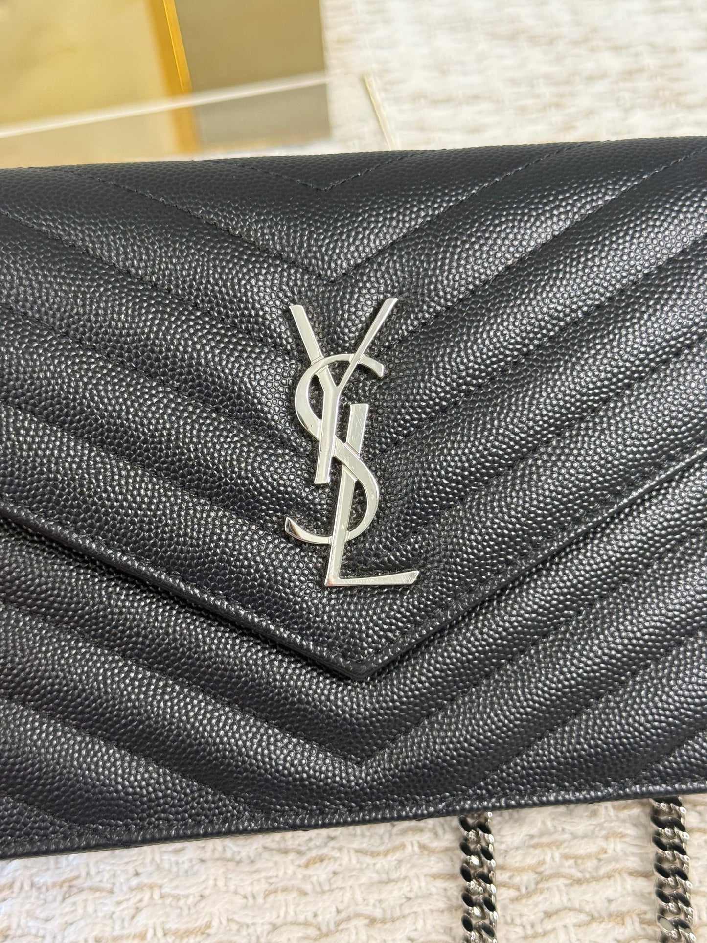 SAINT LAURENT CASSANDRE ENVELOPE WALLET ON CHAIN SILVER-TONED HARDWARE