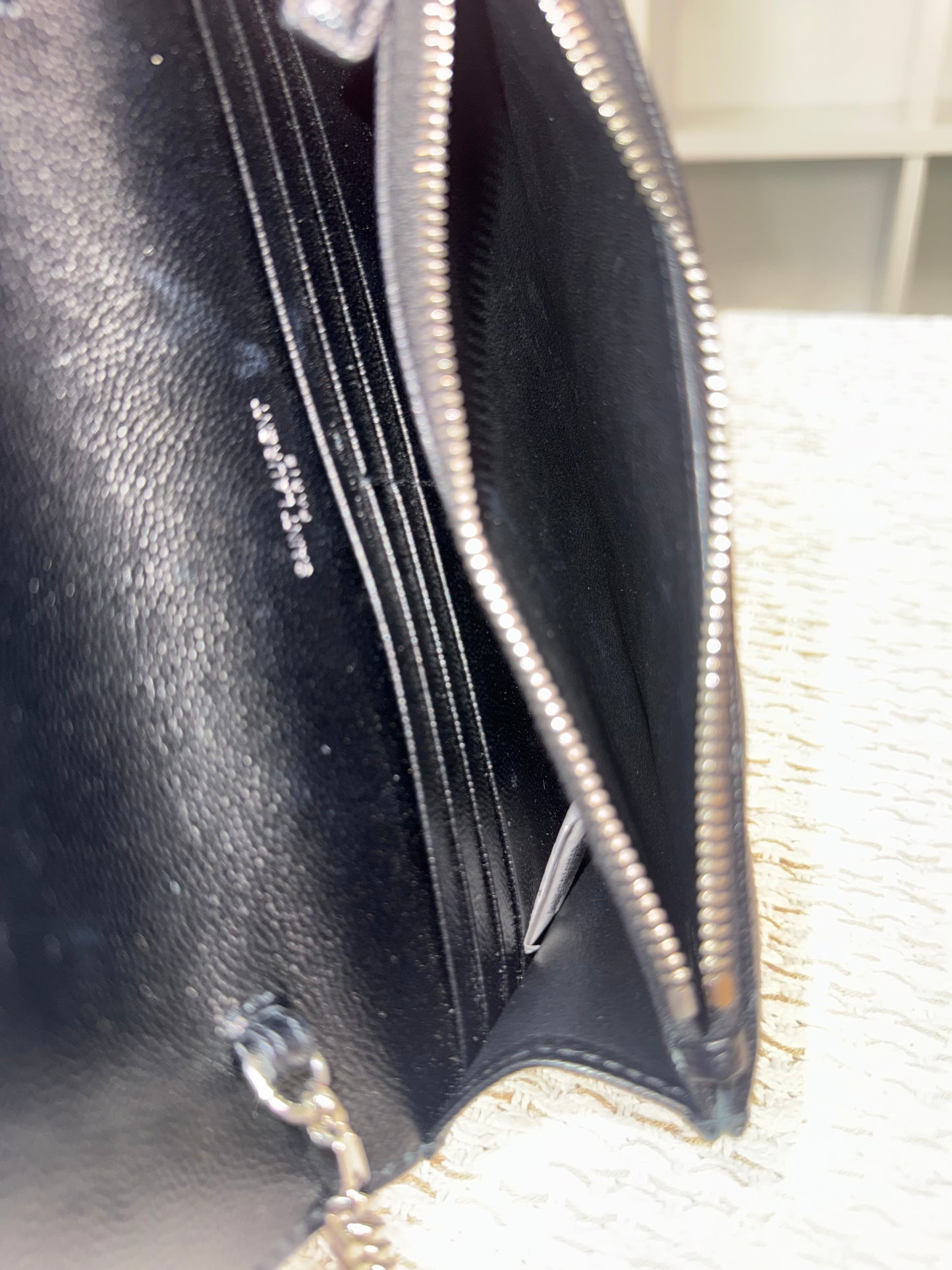 SAINT LAURENT CASSANDRE ENVELOPE WALLET ON CHAIN SILVER-TONED HARDWARE