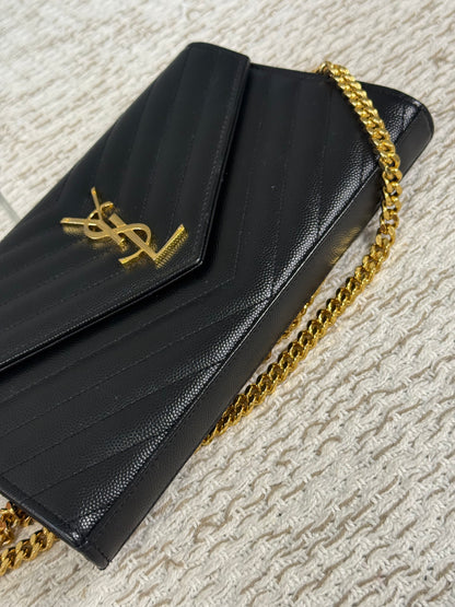 YSL SAINT LAURENT CASSANDRE ENVELOPE MEDIUM WALLET ON CHAIN GOLD-TONED HARDWARE