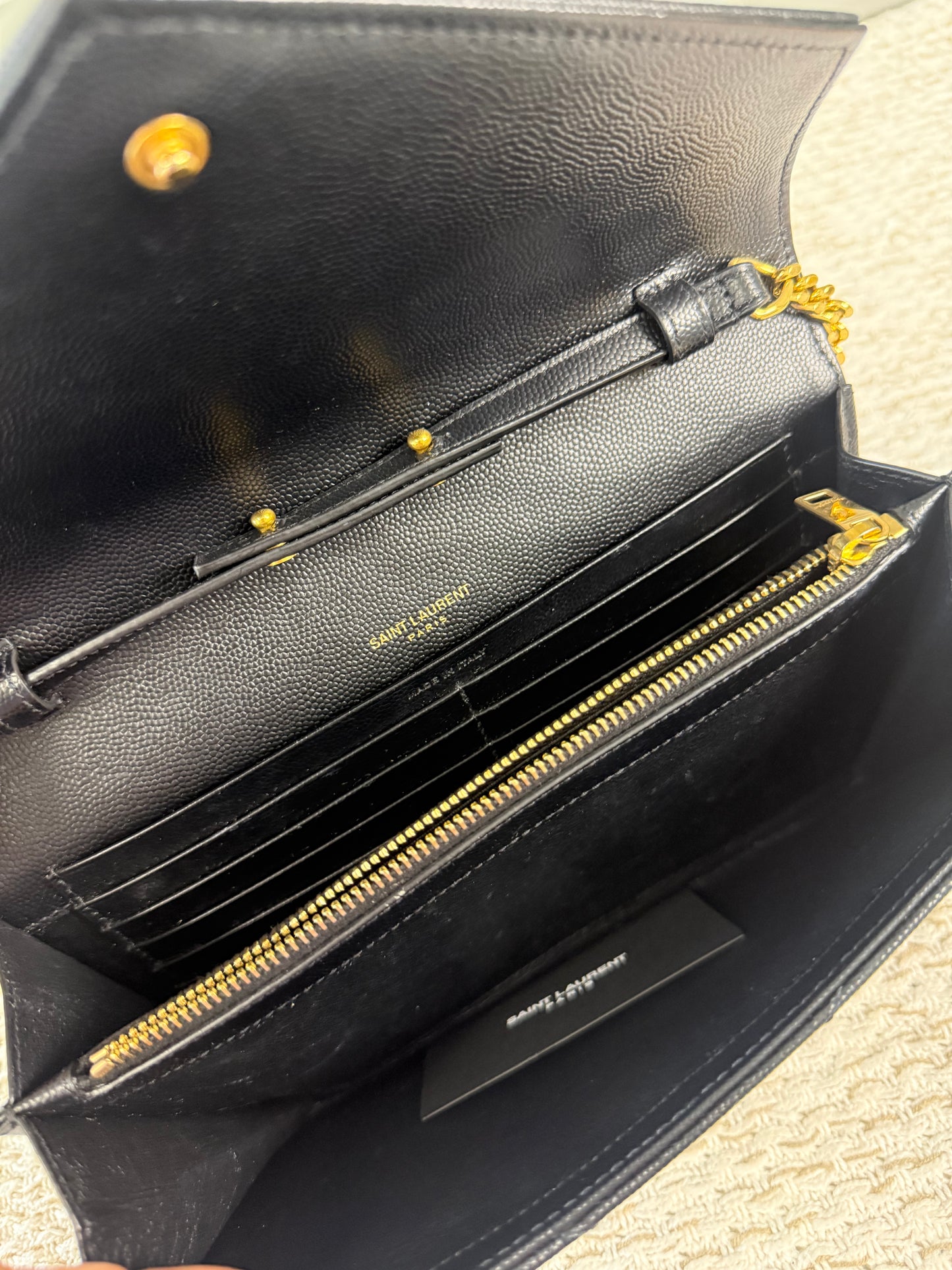 YSL SAINT LAURENT CASSANDRE ENVELOPE MEDIUM WALLET ON CHAIN GOLD-TONED HARDWARE