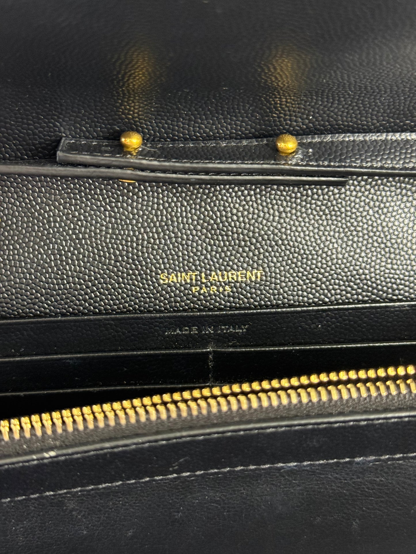 YSL SAINT LAURENT CASSANDRE ENVELOPE MEDIUM WALLET ON CHAIN GOLD-TONED HARDWARE