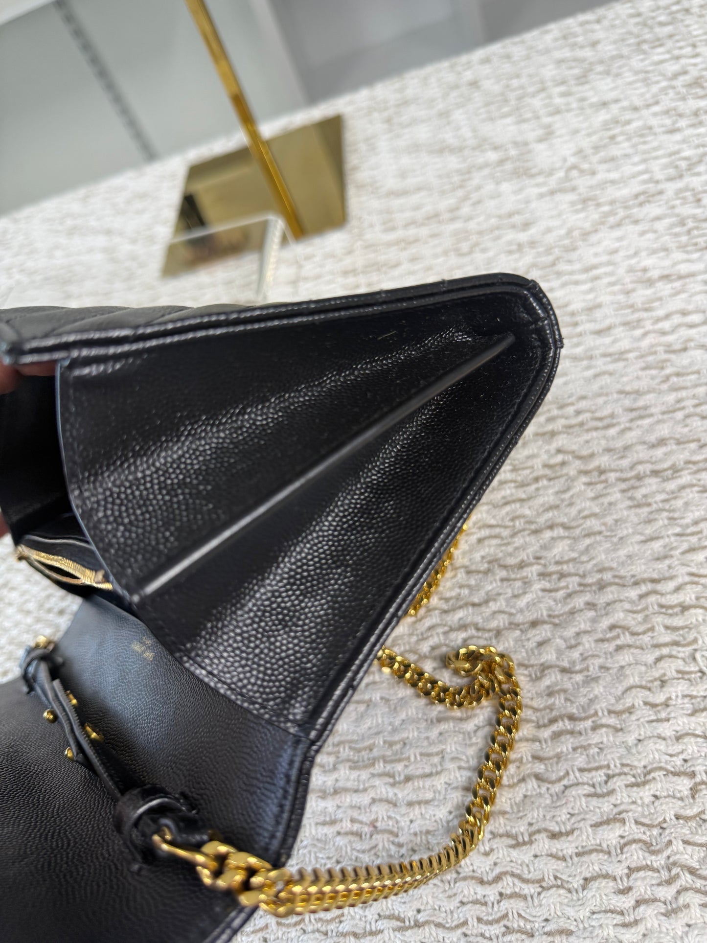 YSL SAINT LAURENT CASSANDRE ENVELOPE MEDIUM WALLET ON CHAIN GOLD-TONED HARDWARE