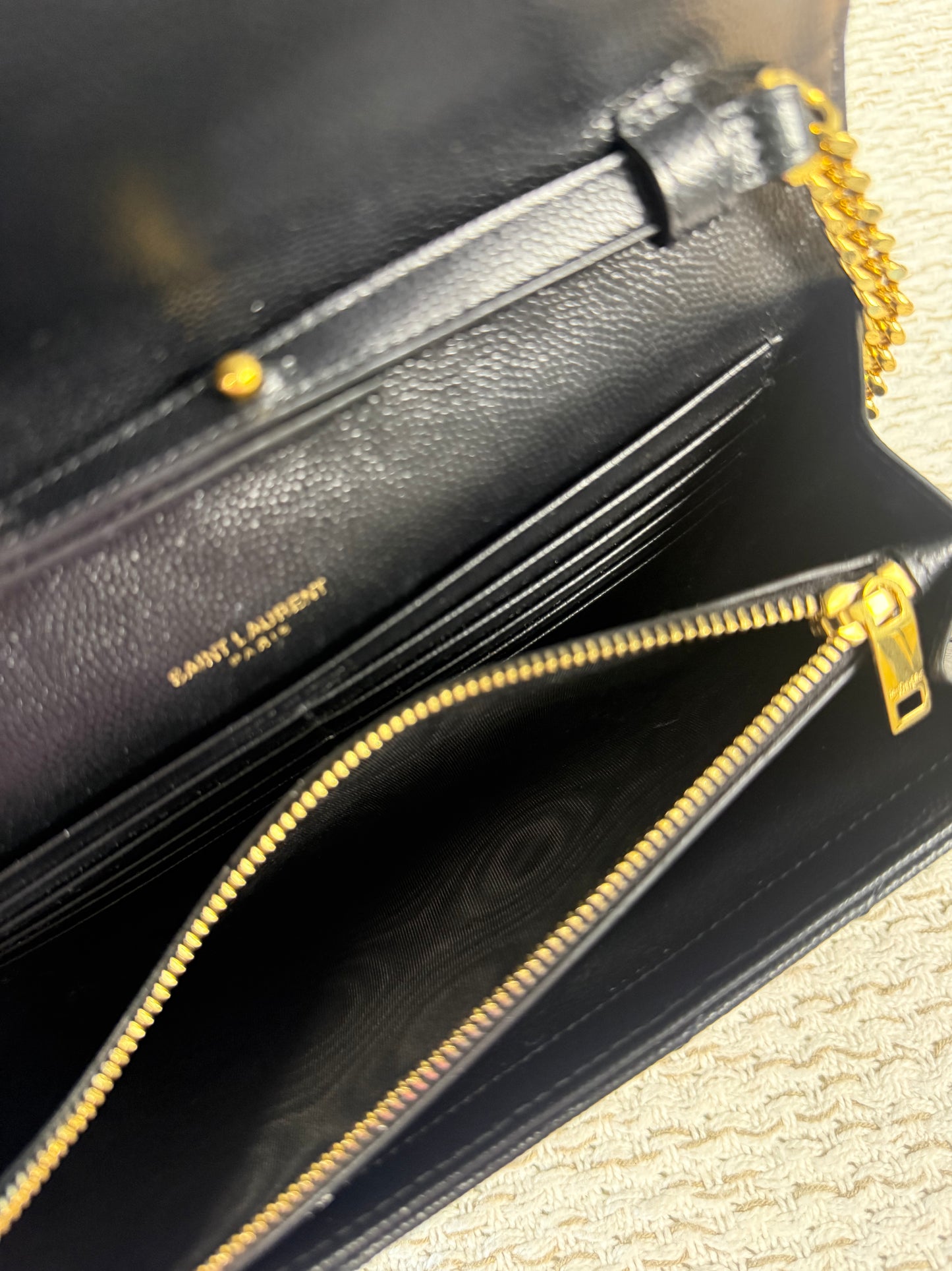 YSL SAINT LAURENT CASSANDRE ENVELOPE MEDIUM WALLET ON CHAIN GOLD-TONED HARDWARE