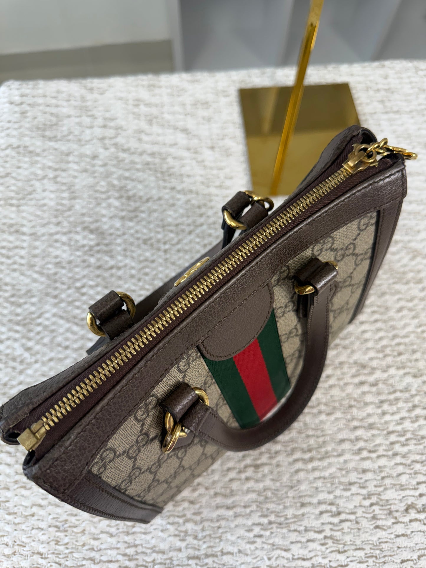 GUCCI GG SUPREME MONOGRAM WEB SMALL OPHIDIA TOTE BAG