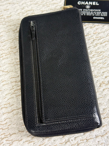 CHANEL CC LOGO CAVIAR SKIN ZIP AROUND LONG WALLET AUTH BLACK