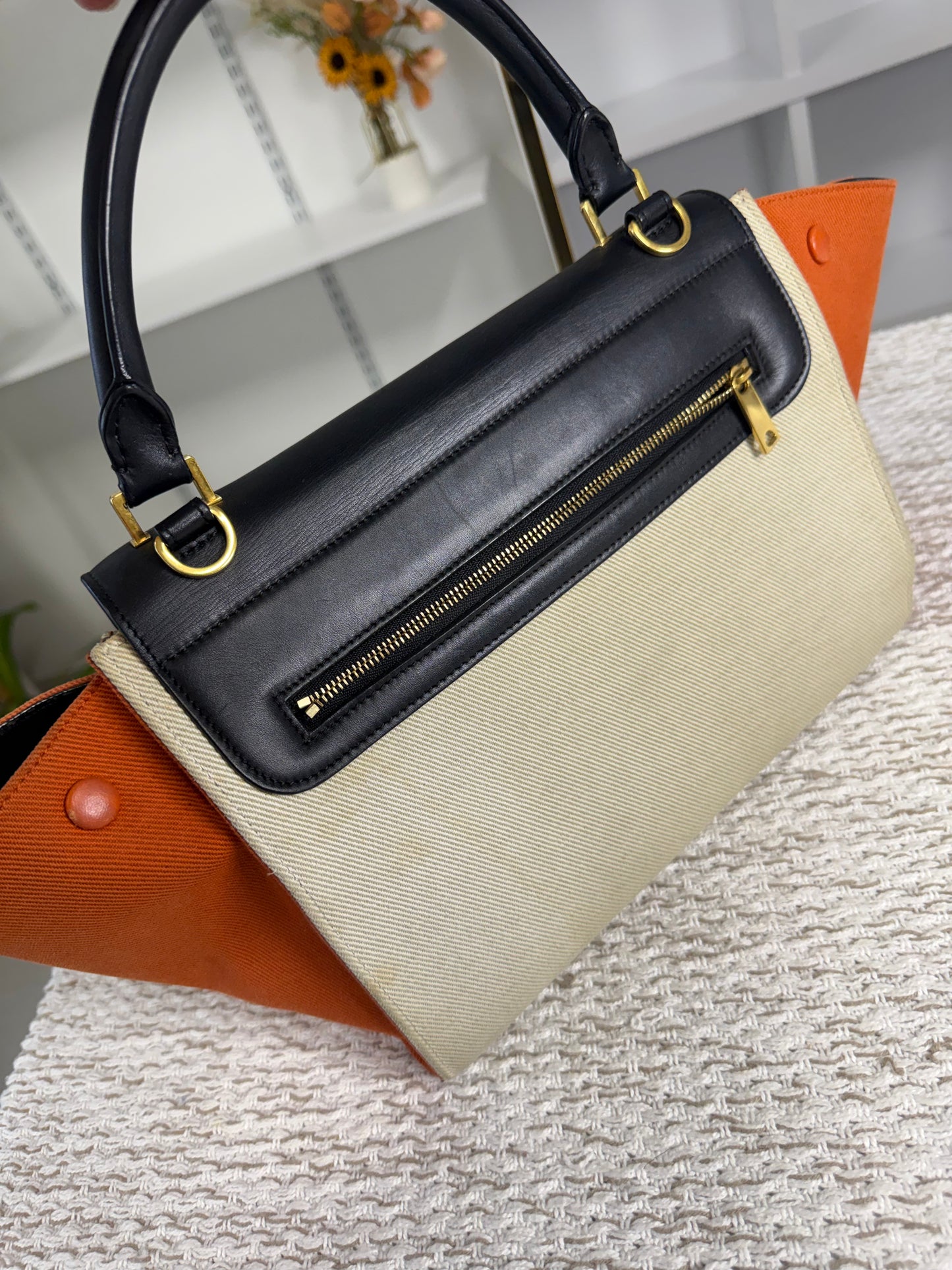 CELINE TRAPEZE BAG IN MULTICOLOR CANVAS AND LEATHER