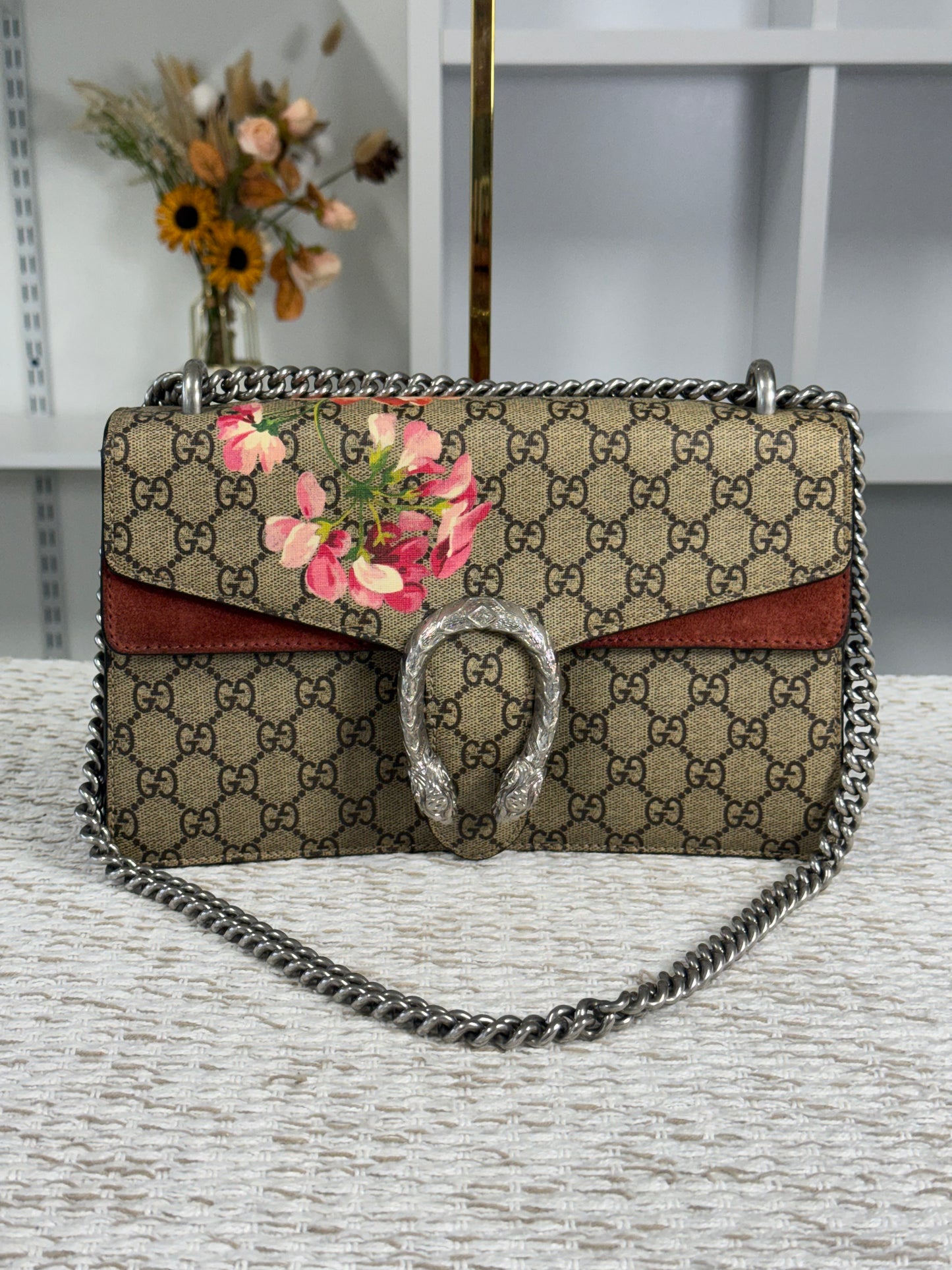 GUCCI BEIGE/PINK GG SUPREME BLOOMS COATED CANVAS SMALL DIONYSUS SHOULDER BAG