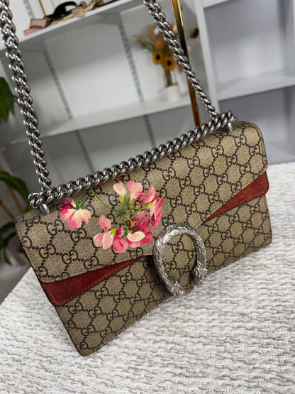 GUCCI BEIGE/PINK GG SUPREME BLOOMS COATED CANVAS SMALL DIONYSUS SHOULDER BAG