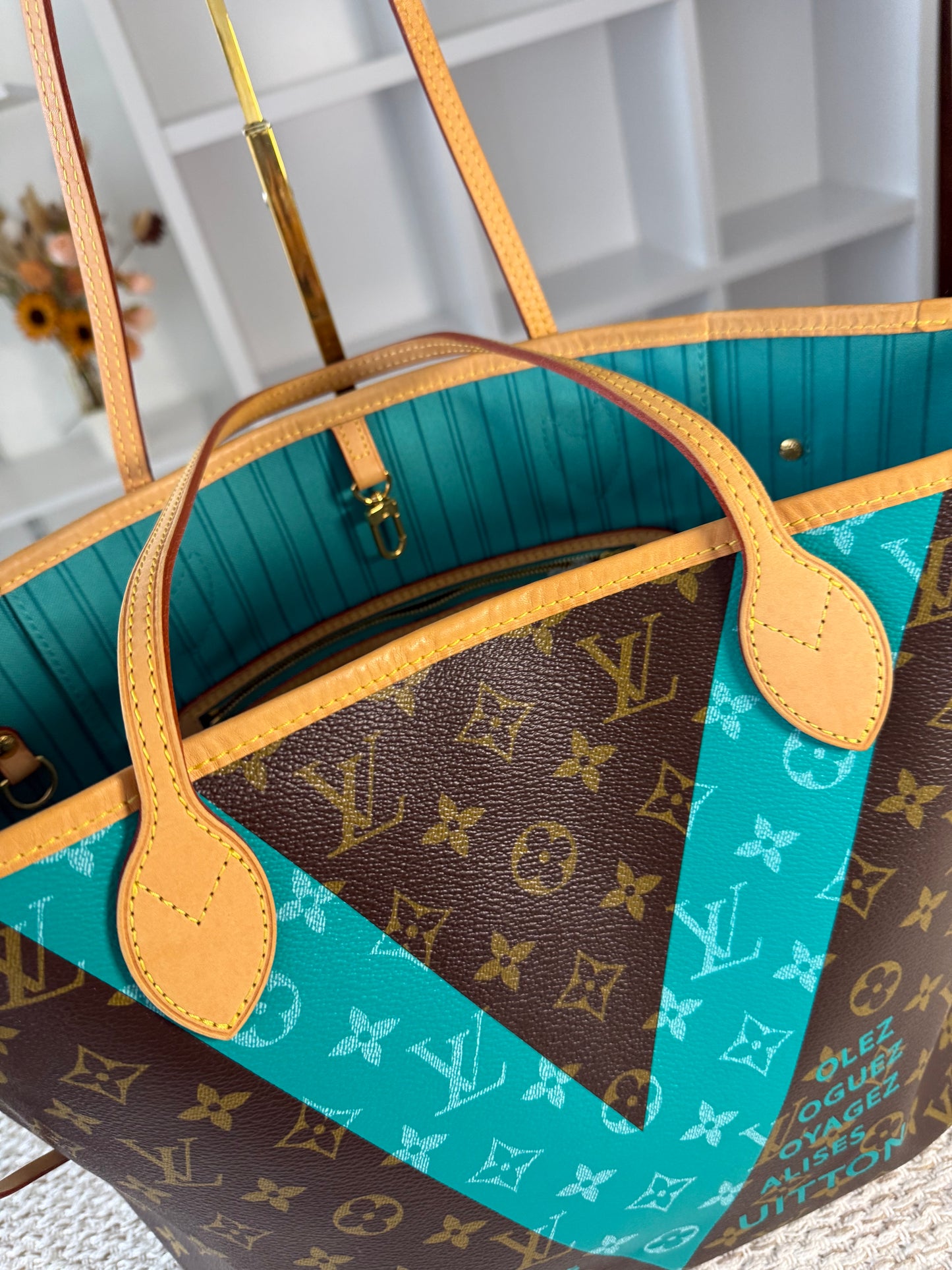 LIMITED EDITION TURQUOISE MONOGRAM V NEVERFULL MM BAG WITH POCHETTE
