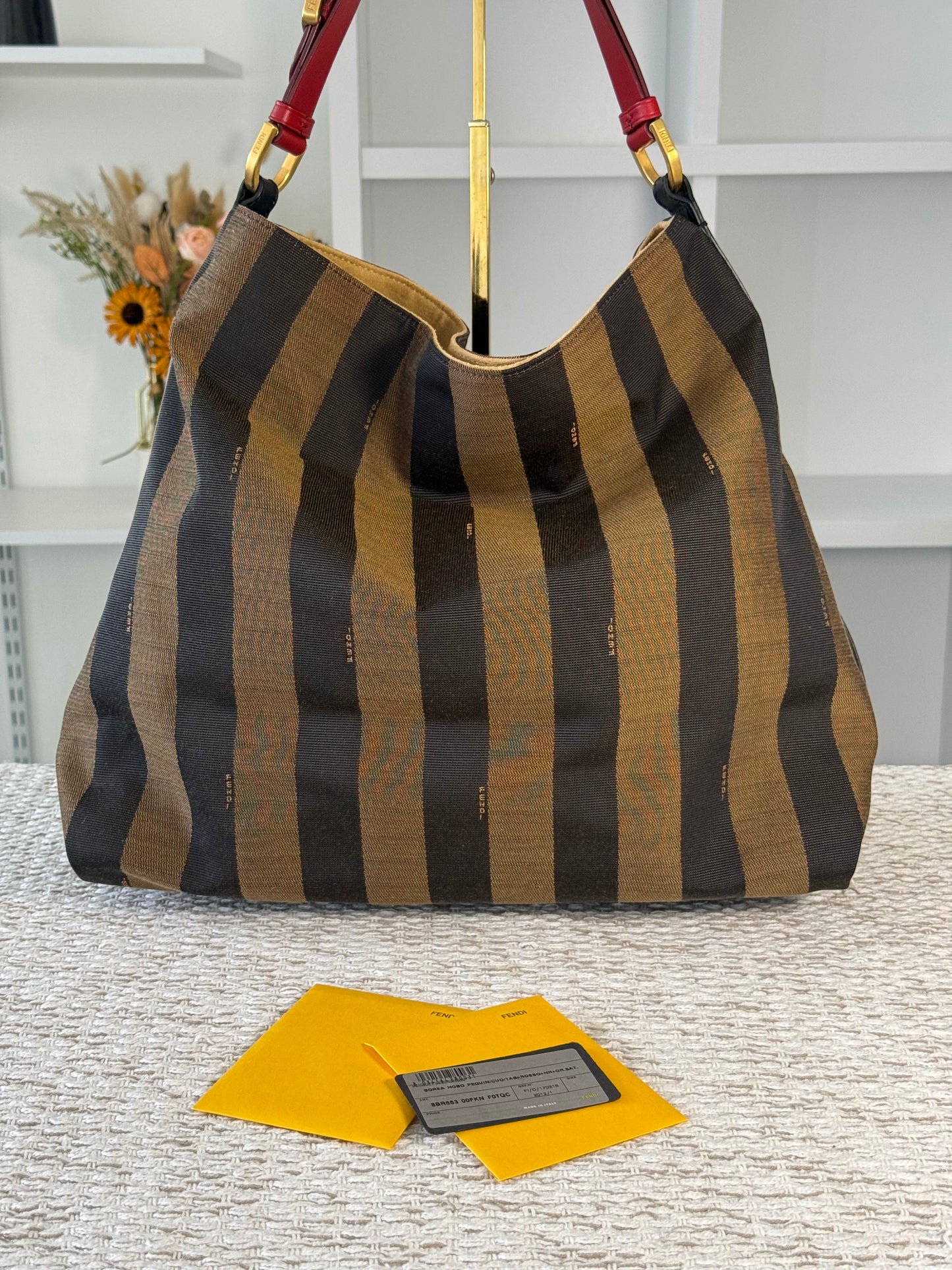 FENDI AMARENA LEATHER AND TOBACCO PEQUIN STRIPE CANVAS HOBO BAG
