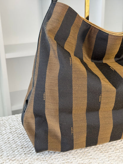 FENDI AMARENA LEATHER AND TOBACCO PEQUIN STRIPE CANVAS HOBO BAG