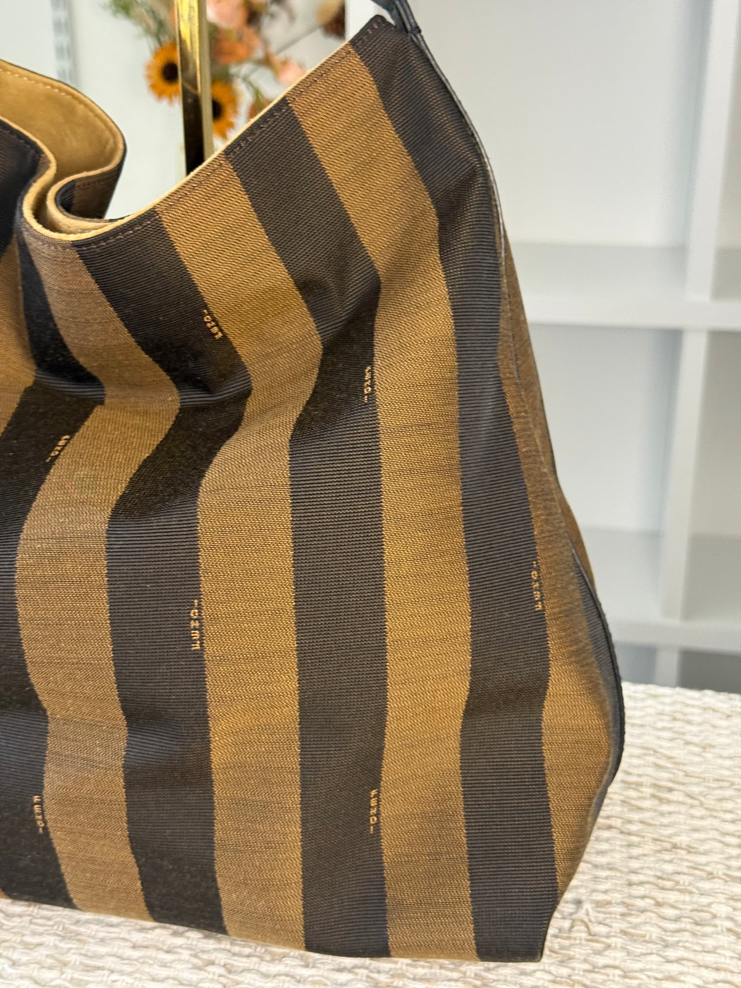 FENDI AMARENA LEATHER AND TOBACCO PEQUIN STRIPE CANVAS HOBO BAG