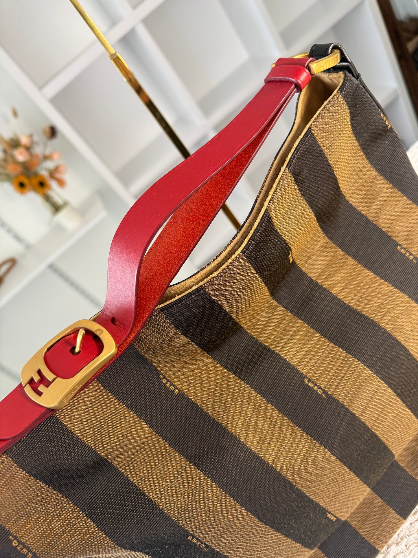 FENDI AMARENA LEATHER AND TOBACCO PEQUIN STRIPE CANVAS HOBO BAG