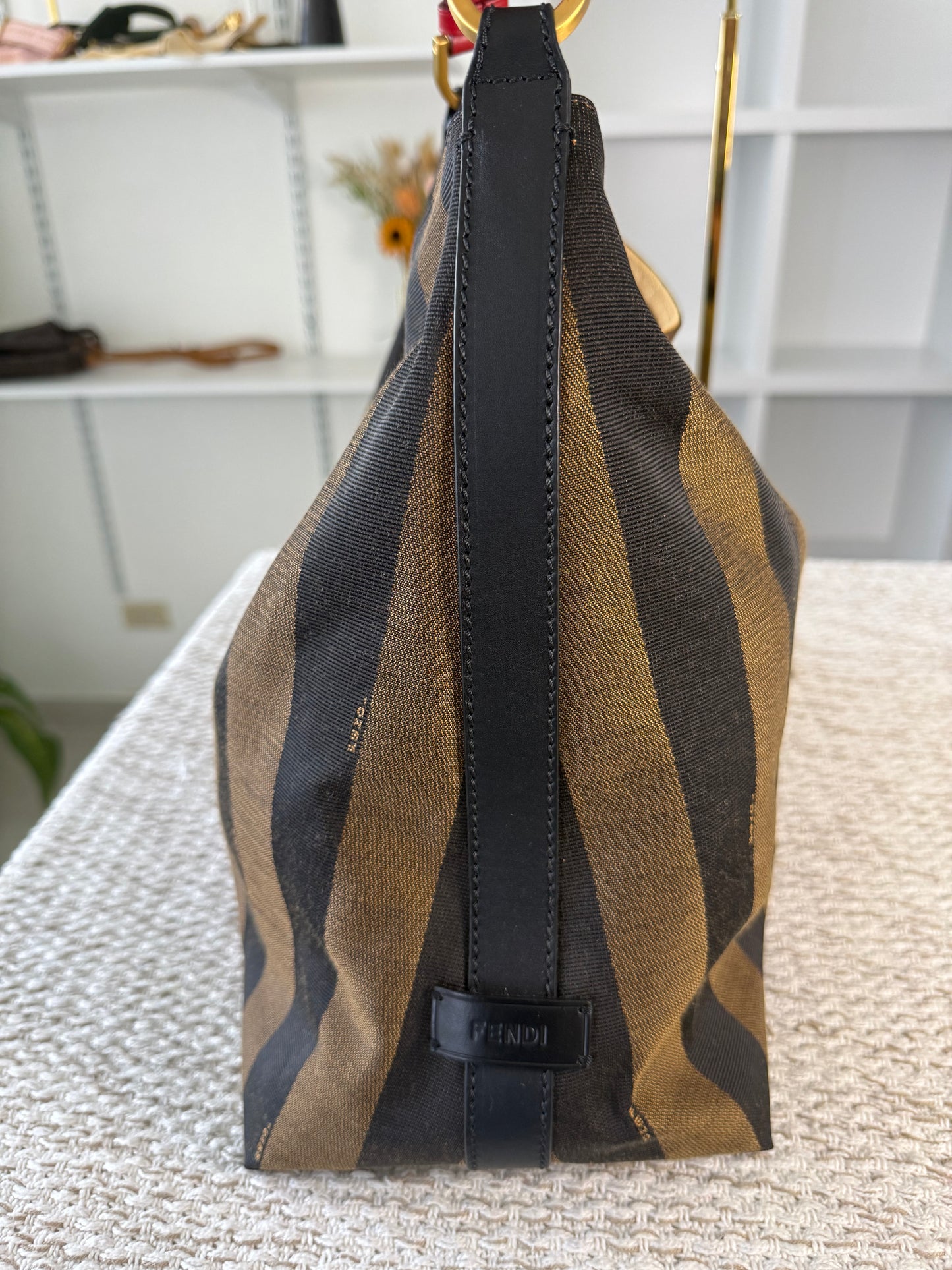 FENDI AMARENA LEATHER AND TOBACCO PEQUIN STRIPE CANVAS HOBO BAG