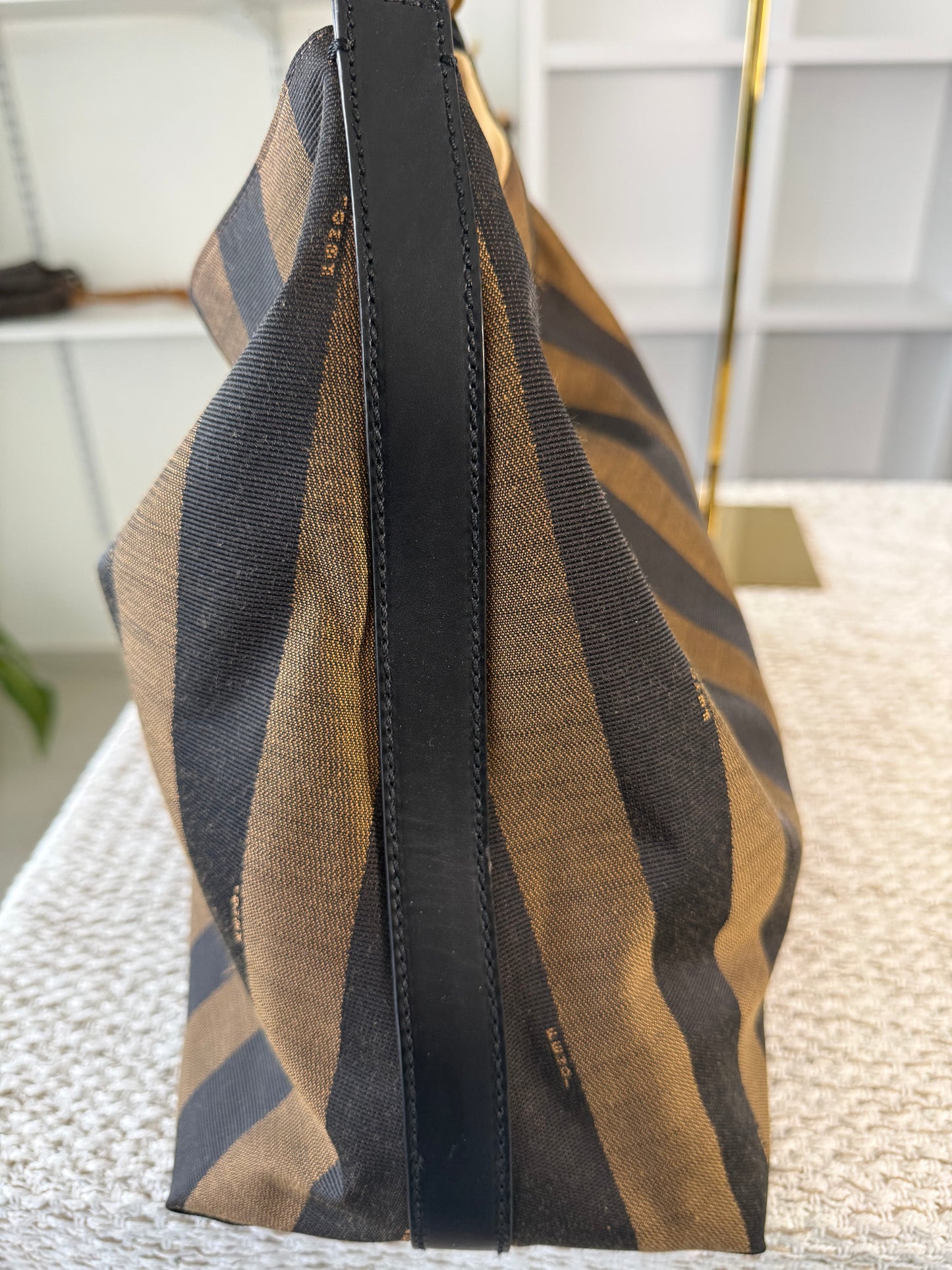 FENDI AMARENA LEATHER AND TOBACCO PEQUIN STRIPE CANVAS HOBO BAG