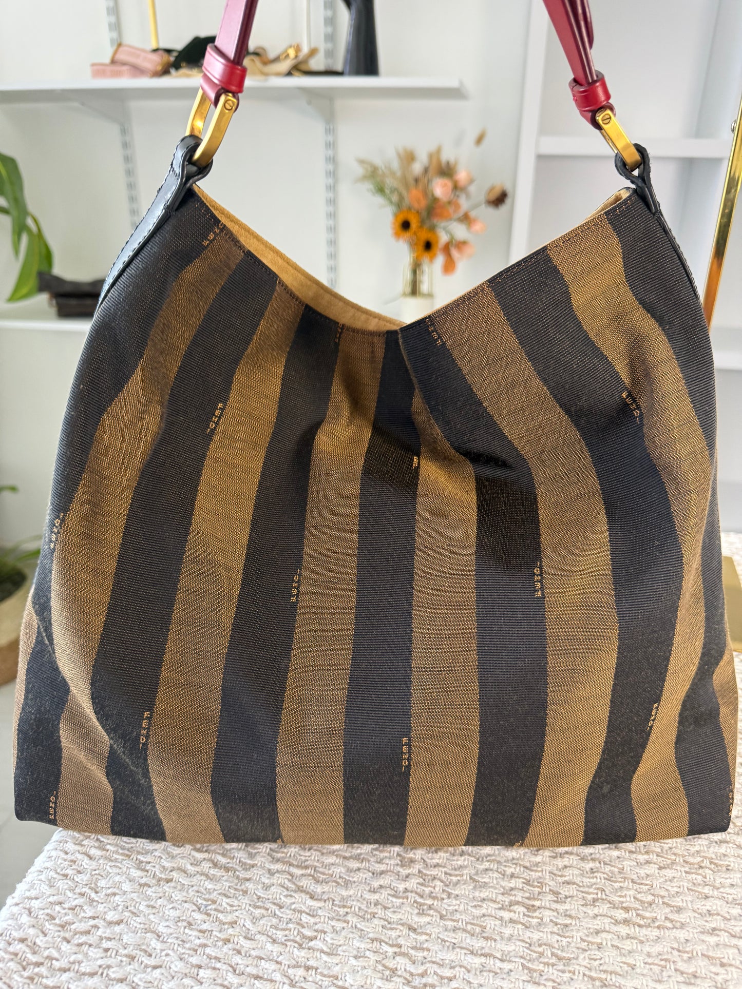FENDI AMARENA LEATHER AND TOBACCO PEQUIN STRIPE CANVAS HOBO BAG