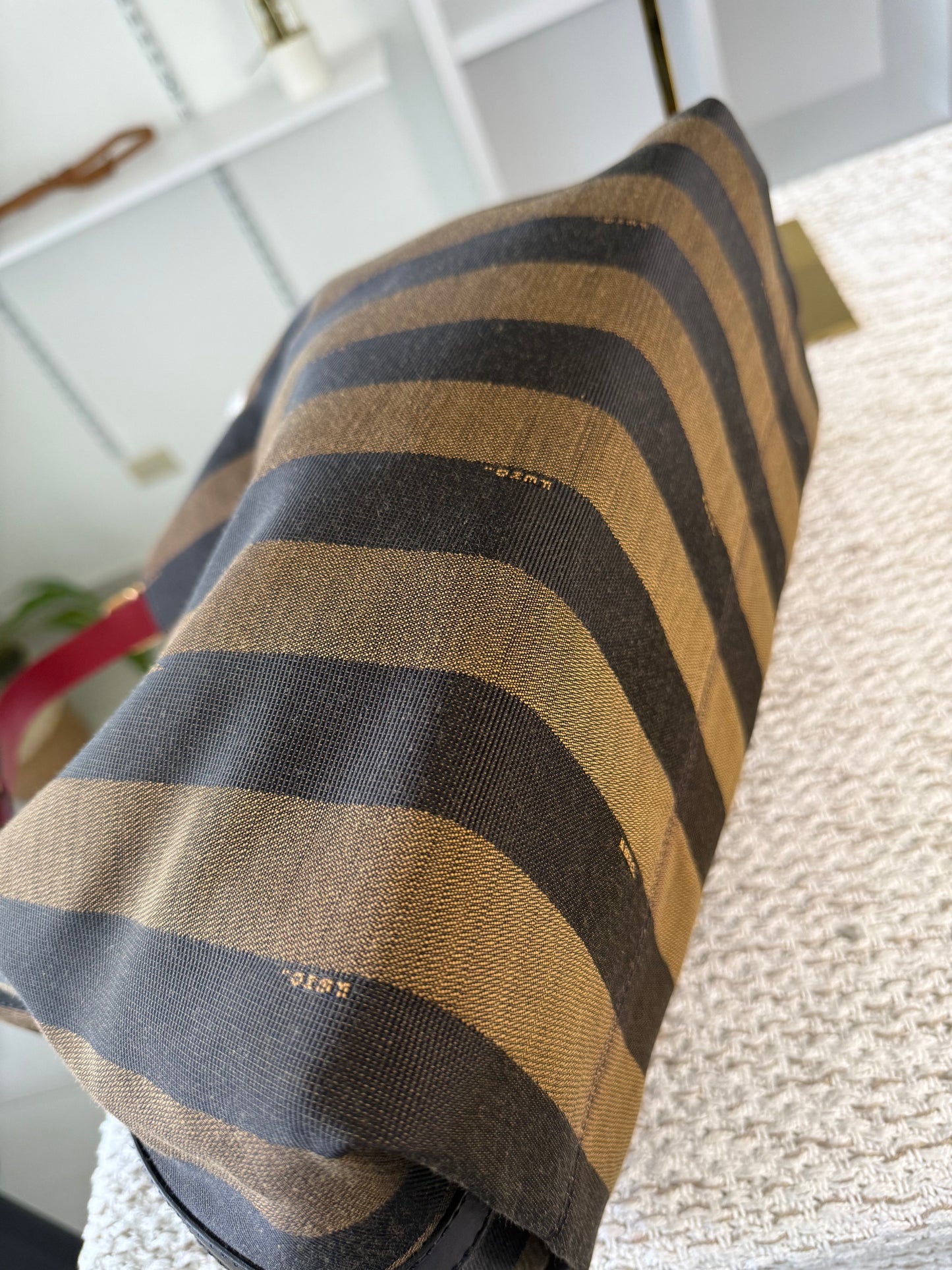 FENDI AMARENA LEATHER AND TOBACCO PEQUIN STRIPE CANVAS HOBO BAG