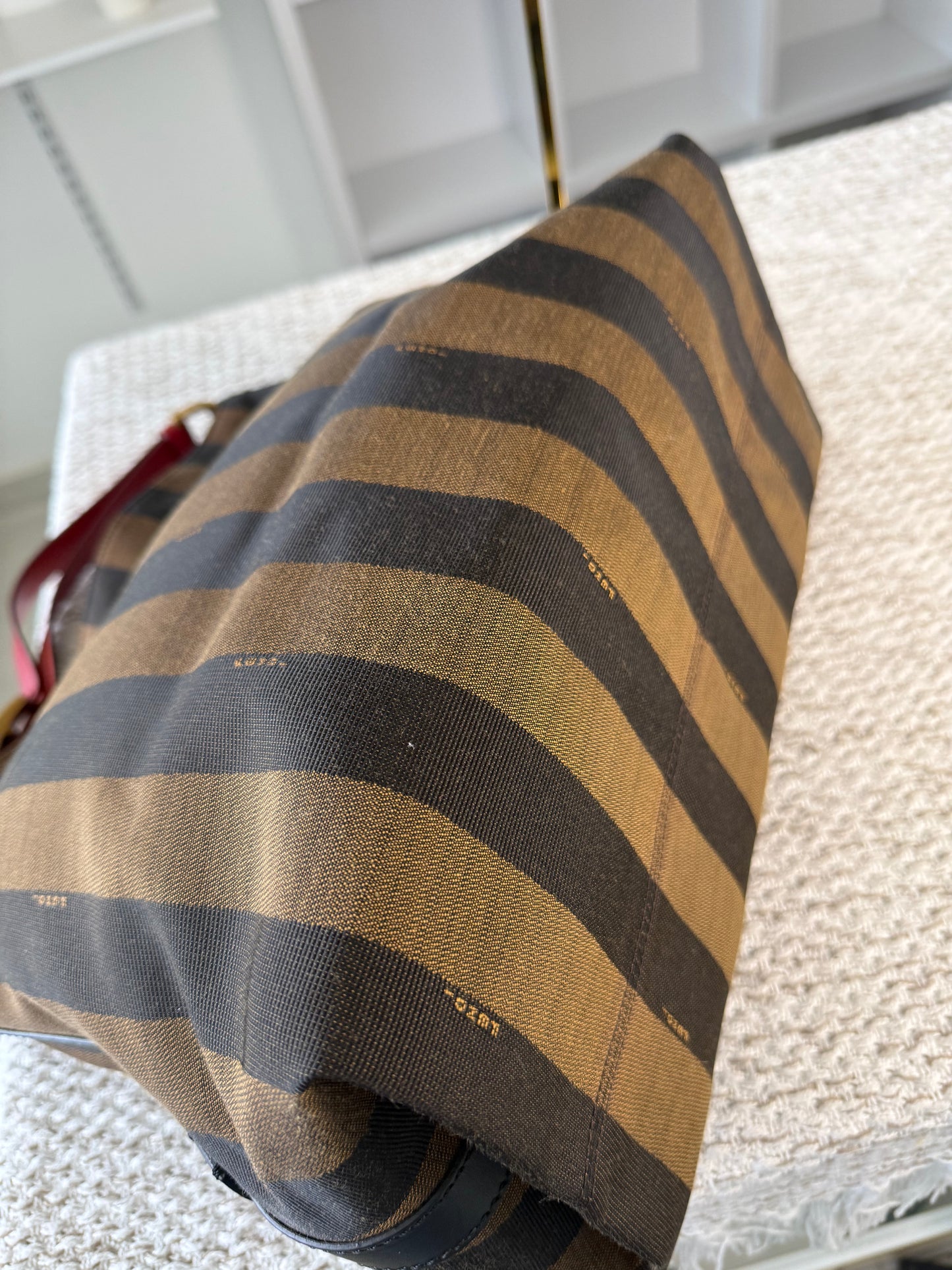 FENDI AMARENA LEATHER AND TOBACCO PEQUIN STRIPE CANVAS HOBO BAG