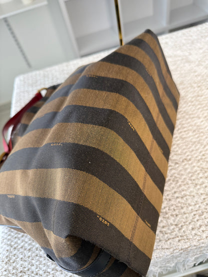 FENDI AMARENA LEATHER AND TOBACCO PEQUIN STRIPE CANVAS HOBO BAG