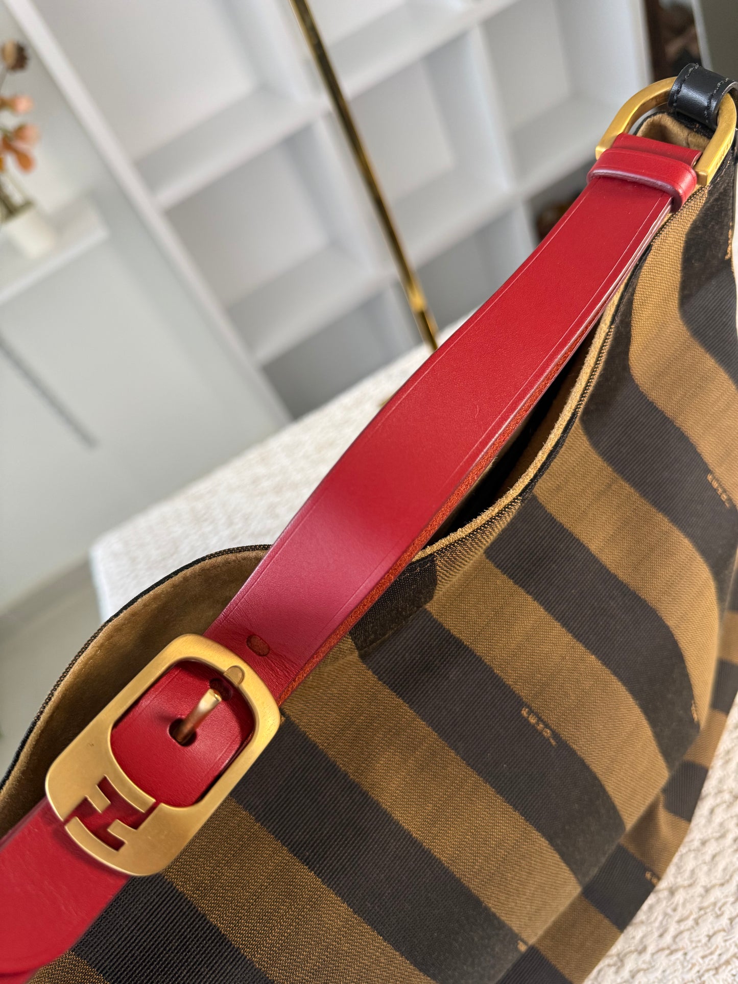 FENDI AMARENA LEATHER AND TOBACCO PEQUIN STRIPE CANVAS HOBO BAG