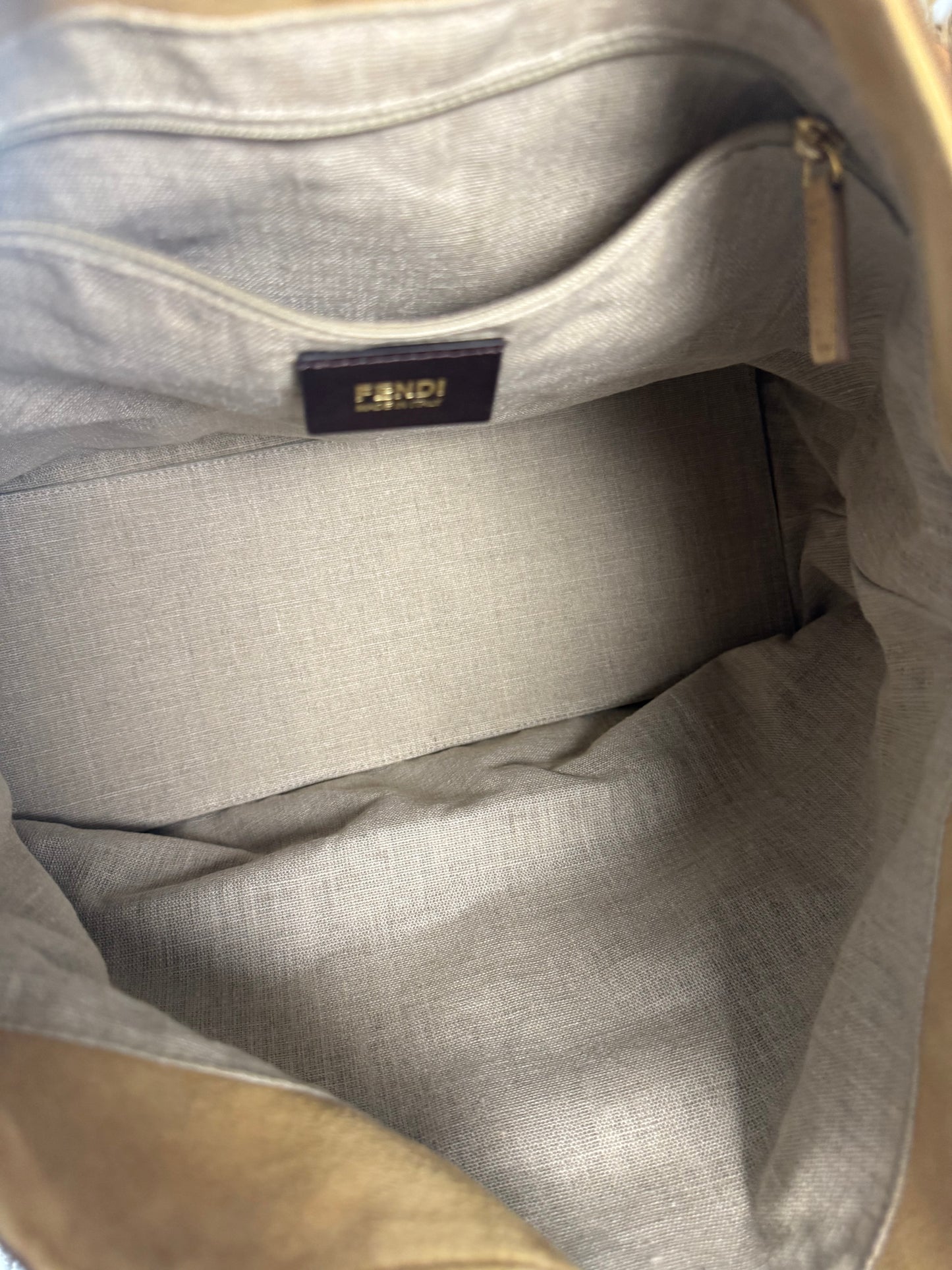 FENDI AMARENA LEATHER AND TOBACCO PEQUIN STRIPE CANVAS HOBO BAG