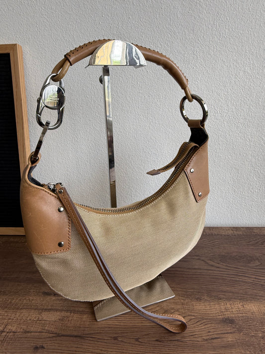 GUCCI Vintage beige canvas leather half-moon hobo bag