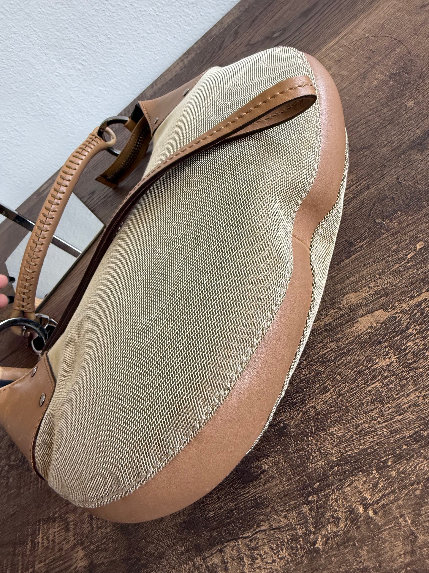 GUCCI Vintage beige canvas leather half-moon hobo bag