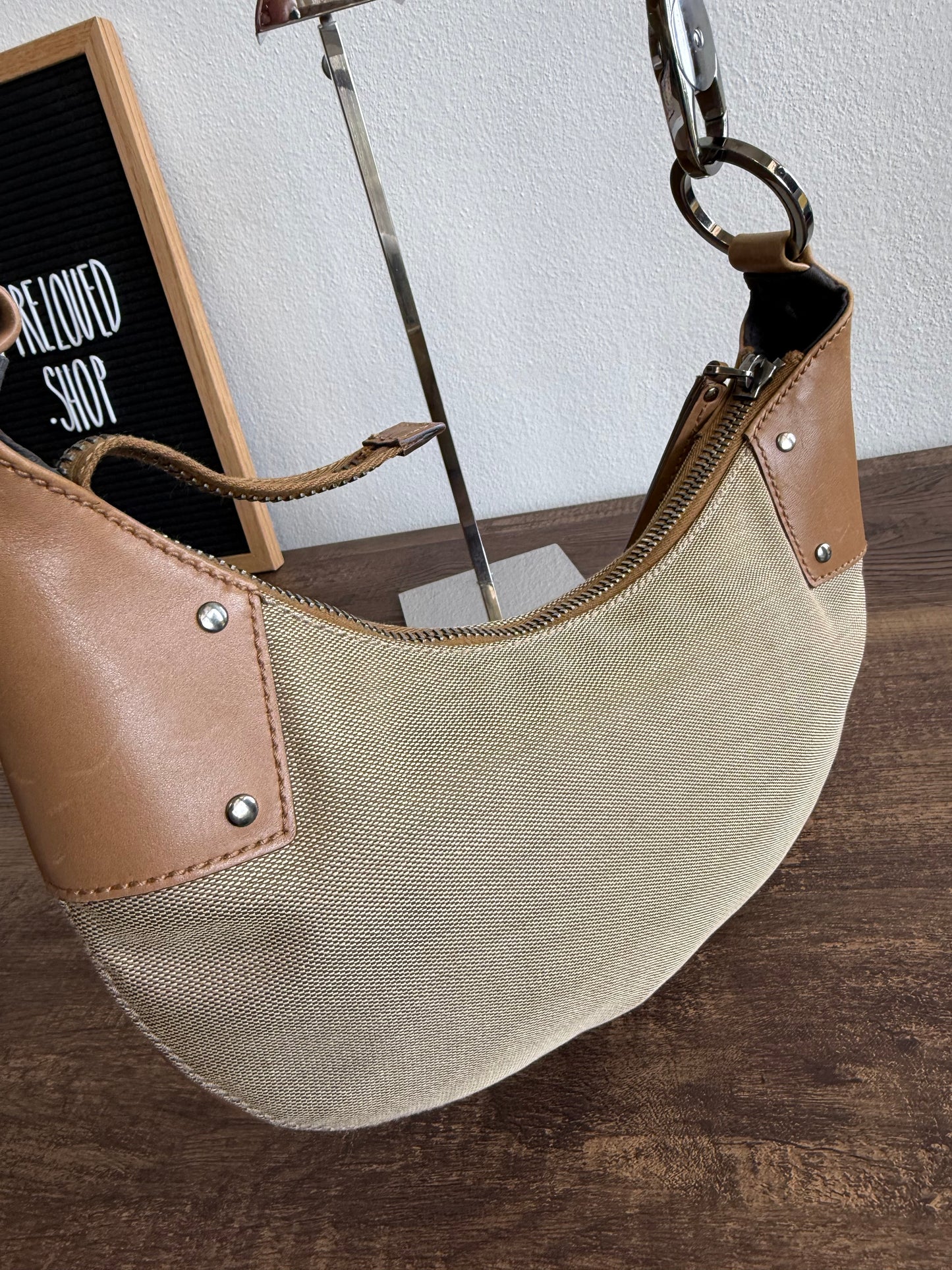 GUCCI Vintage beige canvas leather half-moon hobo bag