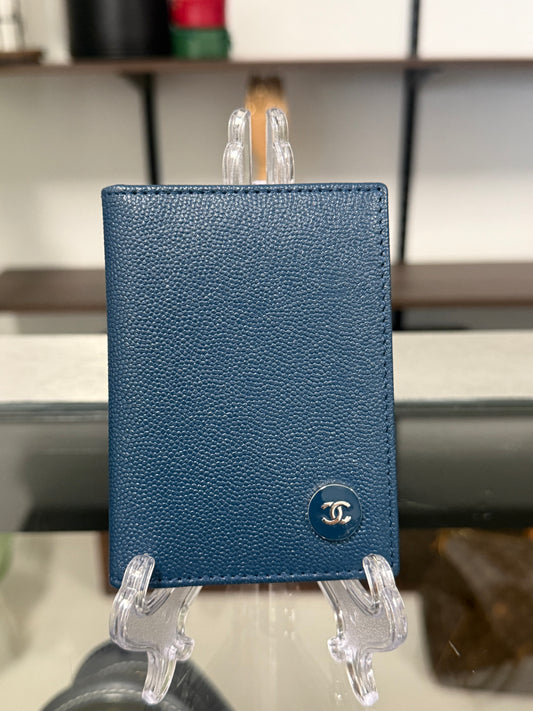 Chanel Dark Navy Blue Grained Leather Vertical Bifold Card Case with Silver-Tone CC