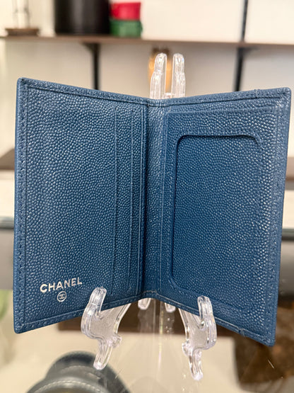 Chanel Dark Navy Blue Grained Leather Vertical Bifold Card Case with Silver-Tone CC