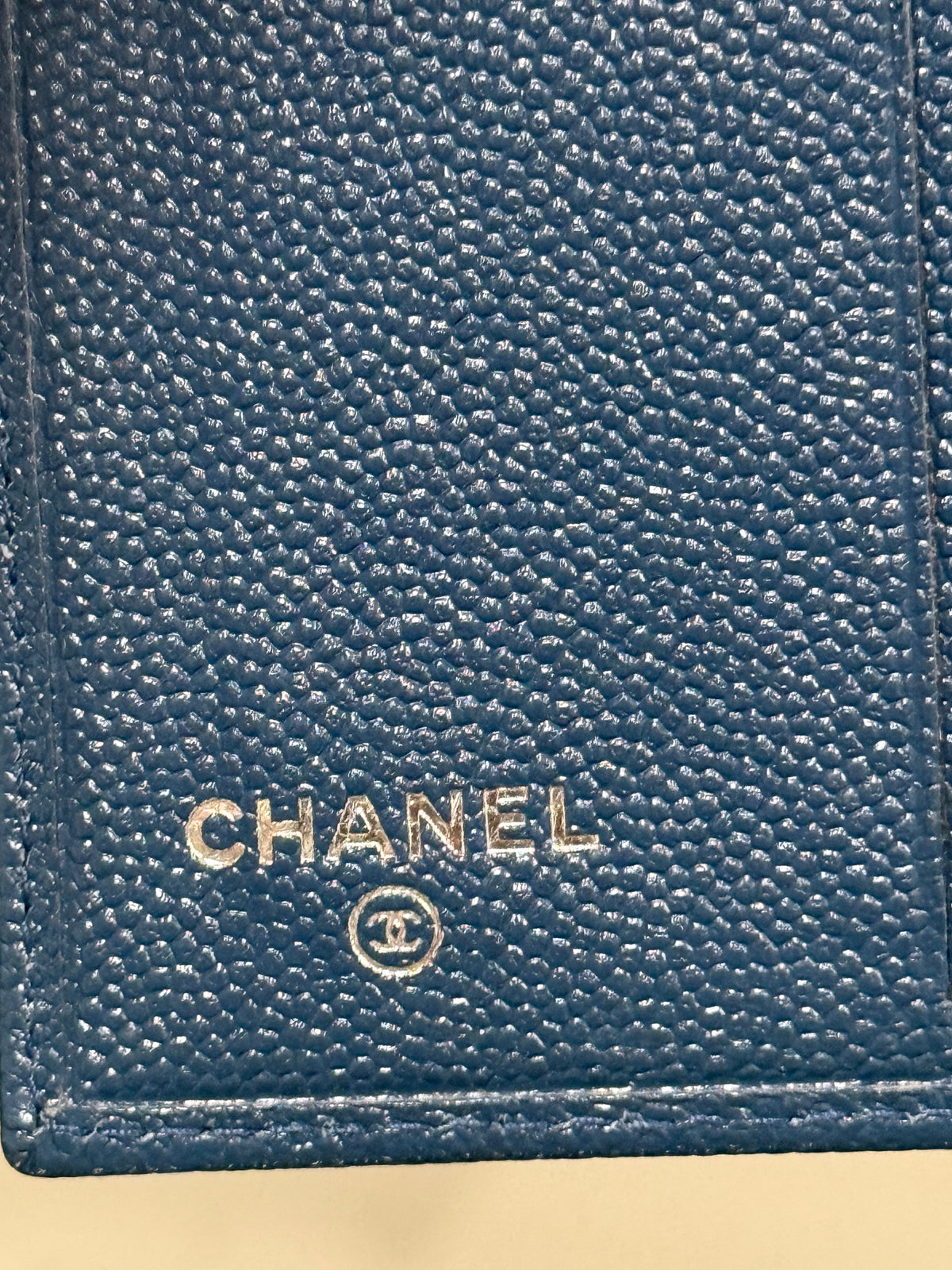 Chanel Dark Navy Blue Grained Leather Vertical Bifold Card Case with Silver-Tone CC
