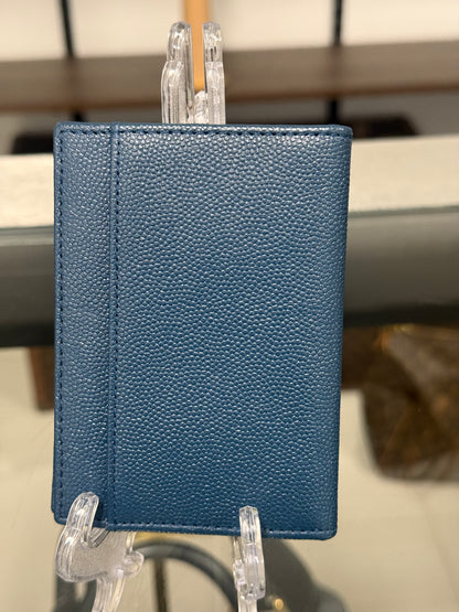 Chanel Dark Navy Blue Grained Leather Vertical Bifold Card Case with Silver-Tone CC