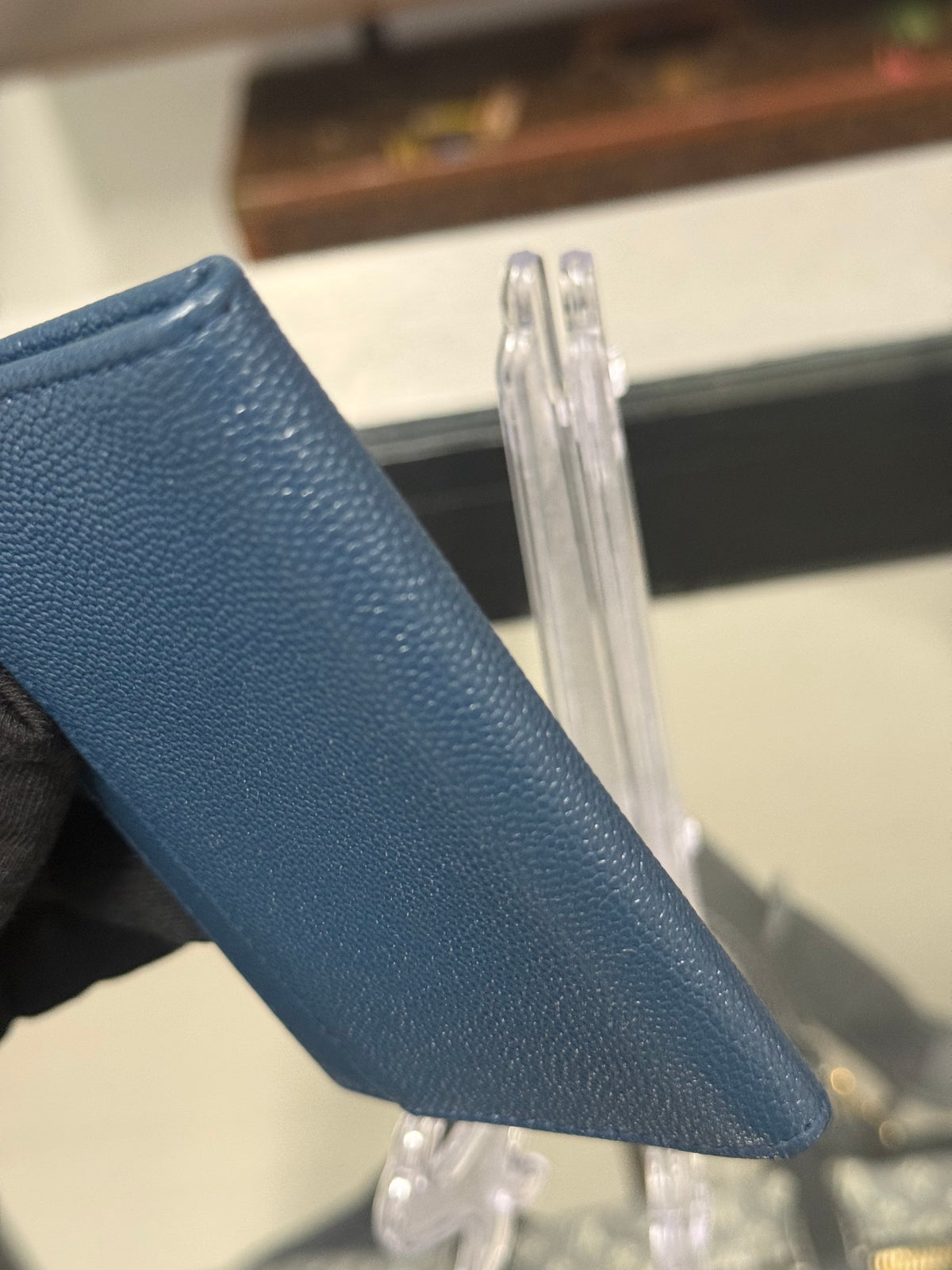 Chanel Dark Navy Blue Grained Leather Vertical Bifold Card Case with Silver-Tone CC