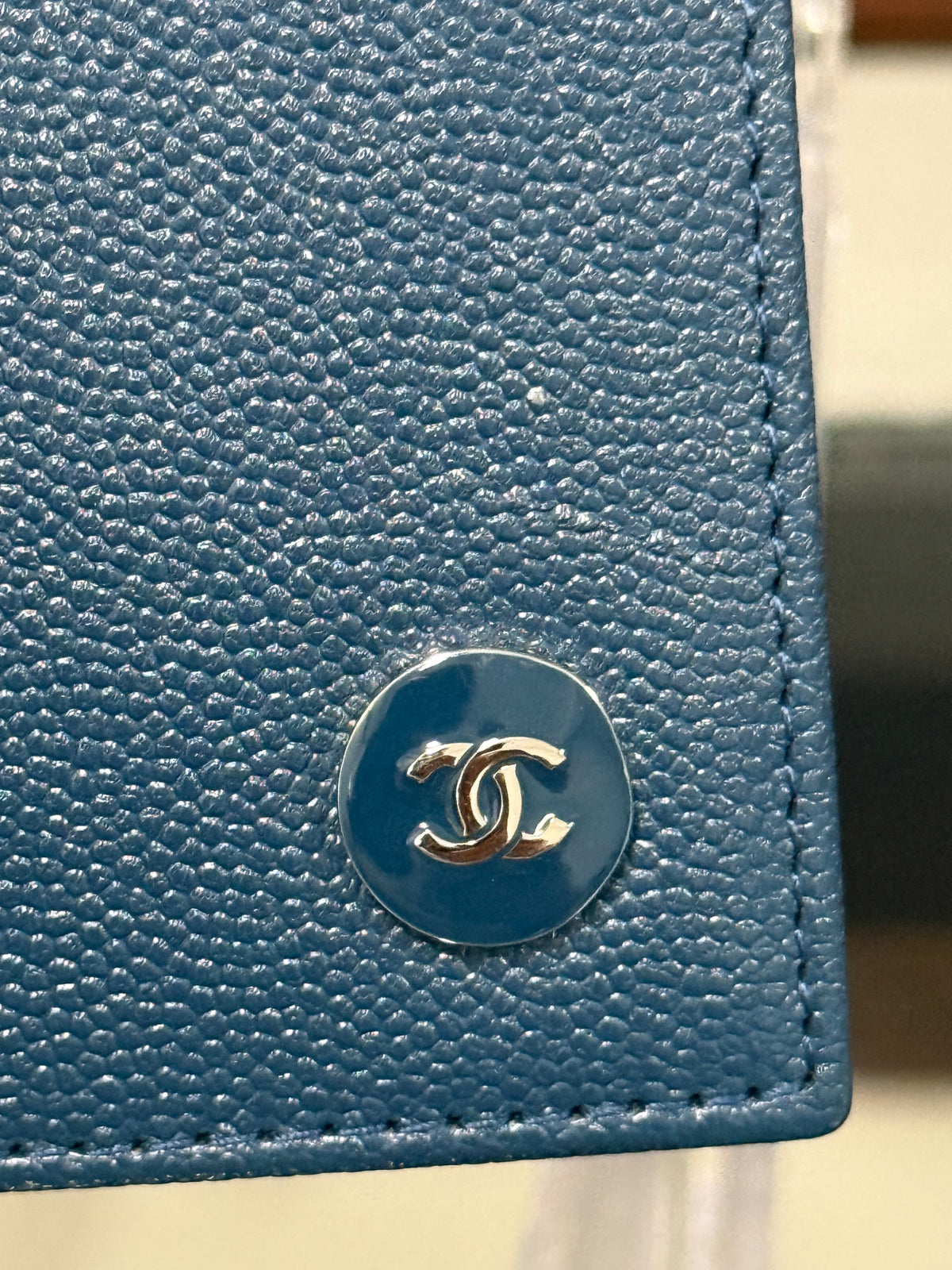 Chanel Dark Navy Blue Grained Leather Vertical Bifold Card Case with Silver-Tone CC