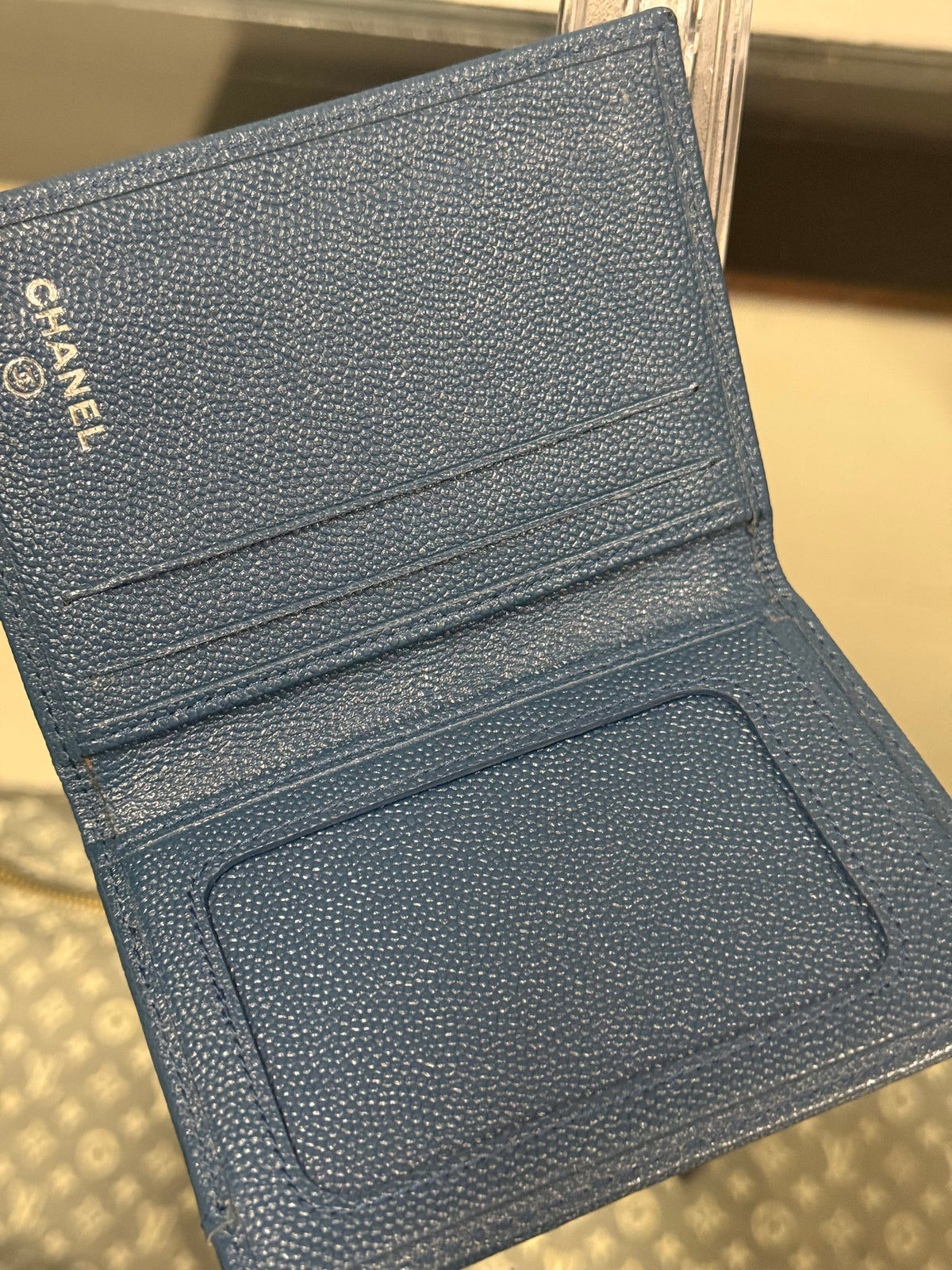 Chanel Dark Navy Blue Grained Leather Vertical Bifold Card Case with Silver-Tone CC