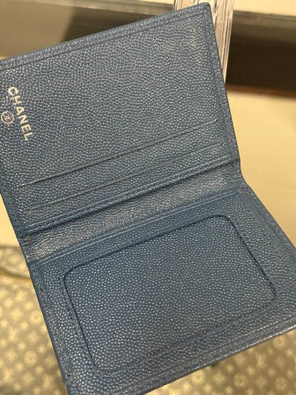 Chanel Dark Navy Blue Grained Leather Vertical Bifold Card Case with Silver-Tone CC