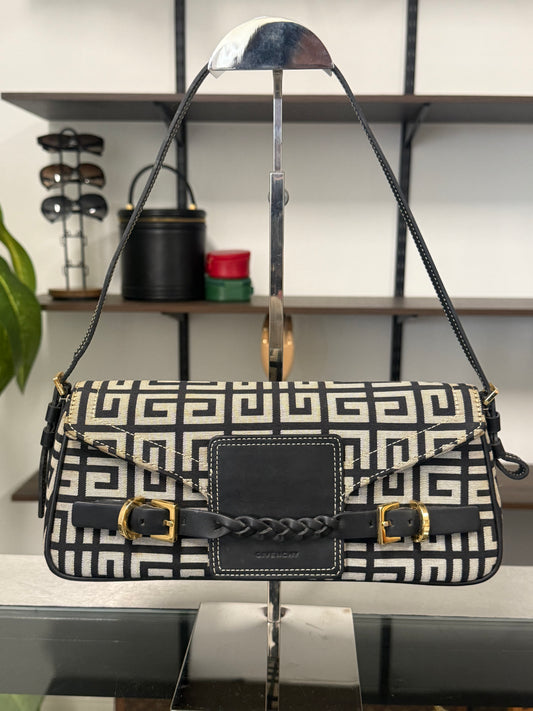 Givenchy Black Signature Canvas and Leather Flap Baguette Shoulder Bag