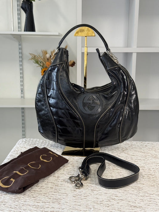 GUCCI BLACK PATENT LEATHER SNOW GLAM MEDIUM HOBO BAG