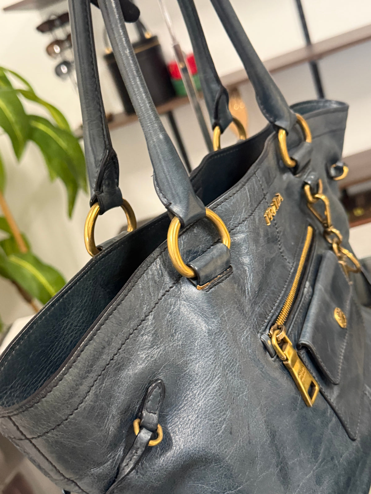 Blue Green Leather Tote Bag