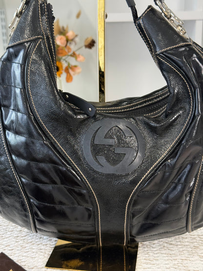 GUCCI BLACK PATENT LEATHER SNOW GLAM MEDIUM HOBO BAG