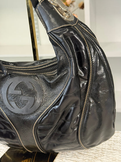 GUCCI BLACK PATENT LEATHER SNOW GLAM MEDIUM HOBO BAG