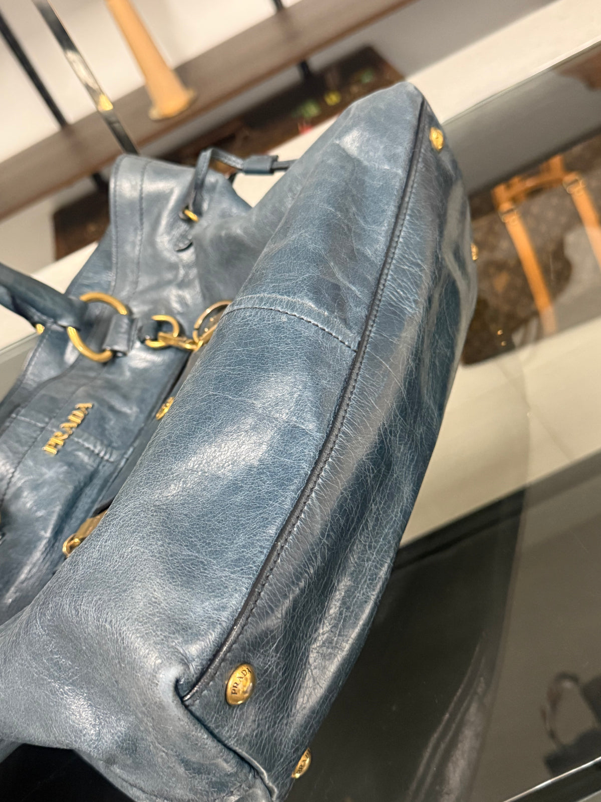 Blue Green Leather Tote Bag